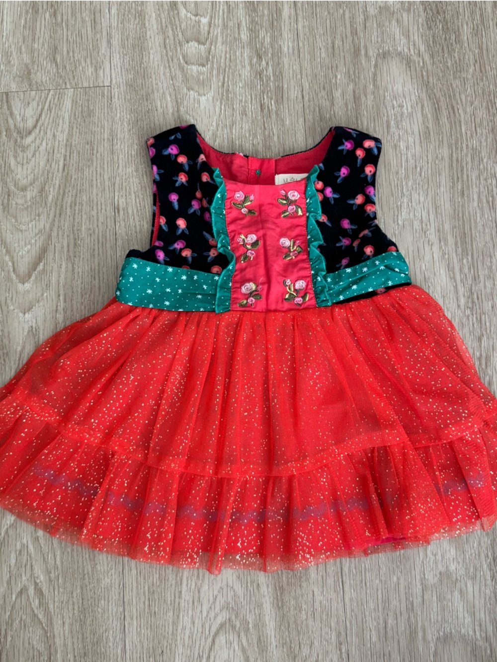 Matilda Jane Red Tulle Party Dress with Green and Black Accents